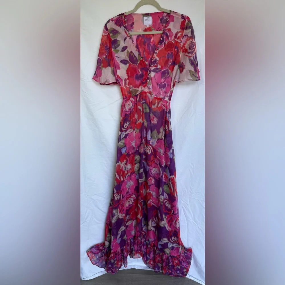 MISA Los Angeles Floral Chiffon Midi Dress Boho Pink Purple Button Front L - Picture 4 of 10